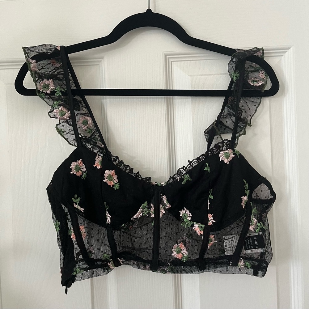 Black with Floral Embroidery Dobby Mesh Ruffle Trim Bustier Style Crop Top NWOT